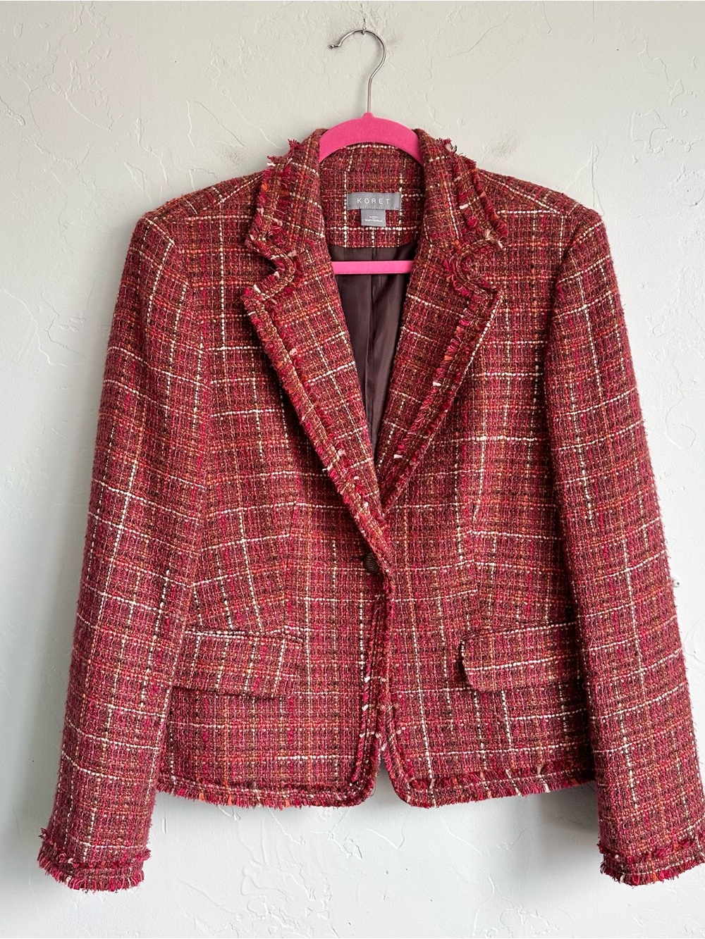 Koret Tweed Frayed-Trim Blazer Jacket